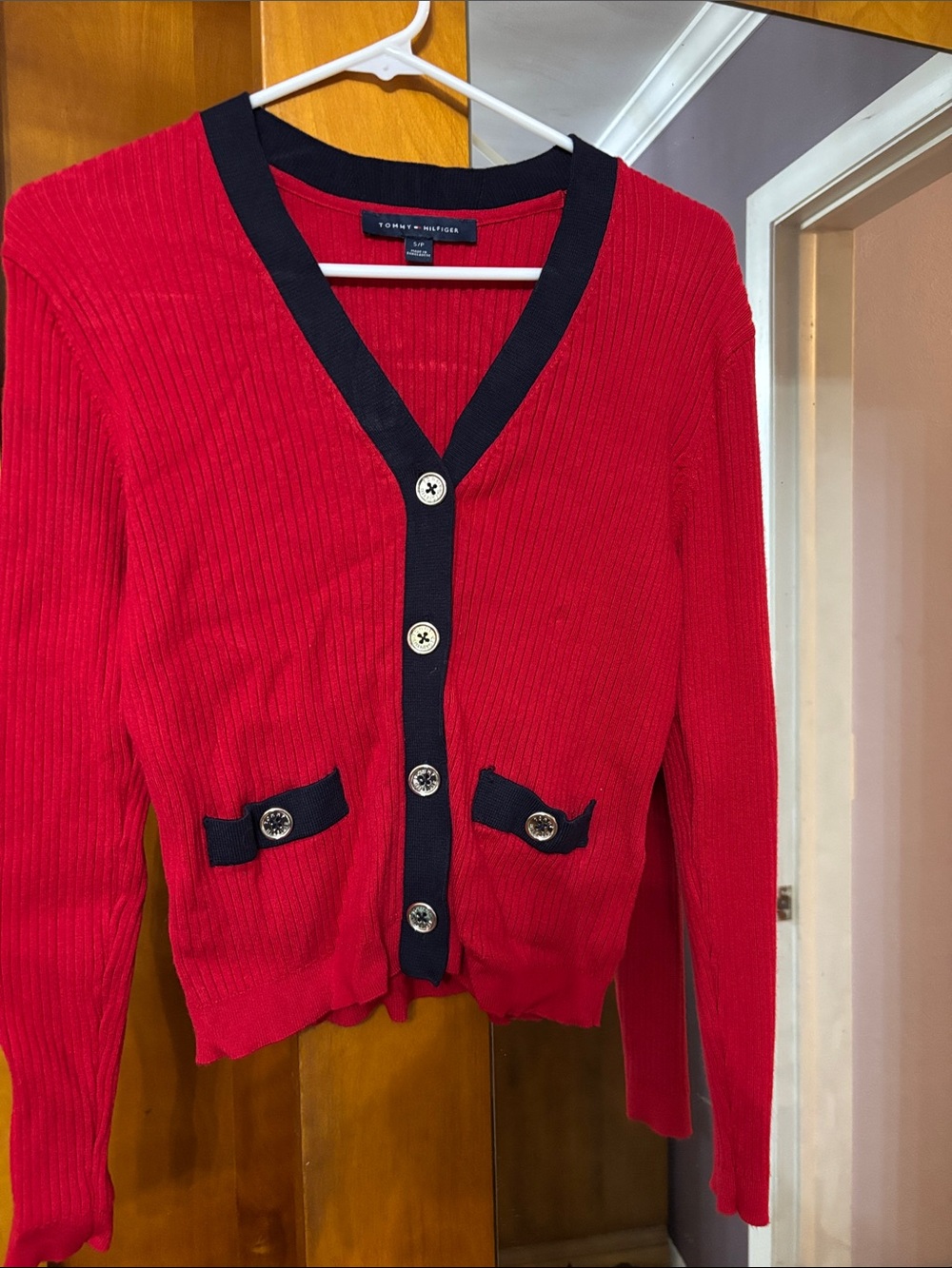 Tommy Hilfiger Red V-Neck Cardigan with Navy Trim